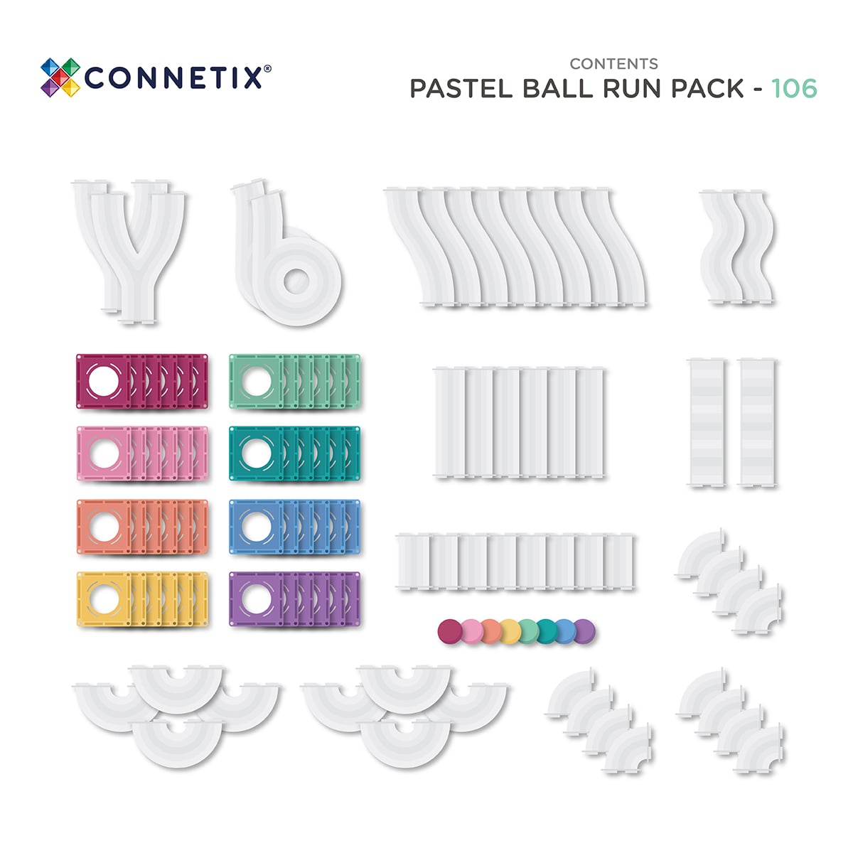 Connetix 106 vnt. Connetix pastelinis rutuliukų trasos rinkinys - Pastel Ball Run Pack - Uogų kopos
