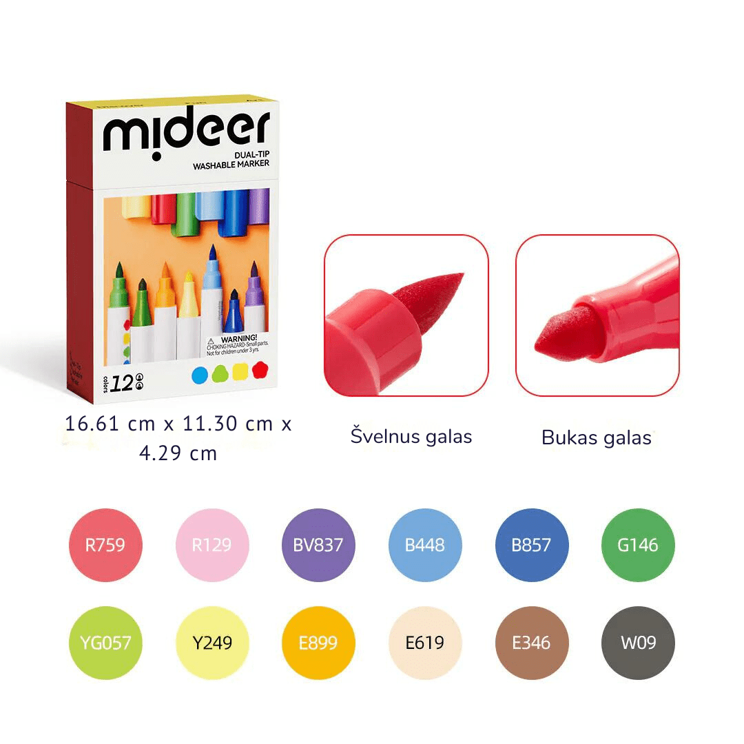 Mideer Dvipusiai nuplaunami markeriai / flomasteriai - 12 spalvų - Uogų kopos