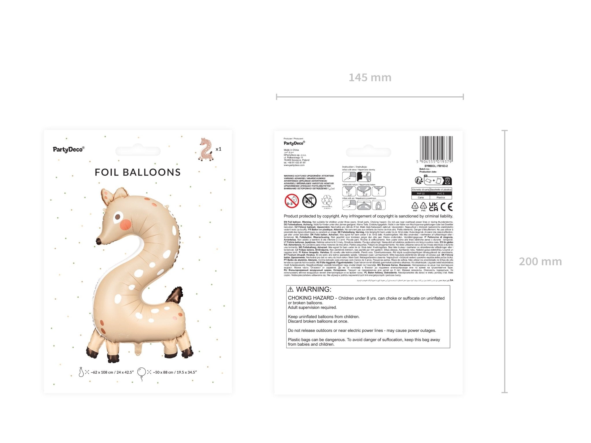 PartyDeco Folinis balionas „Skaičius 2" Elniukas, 50 x 88 cm - Uogų kopos