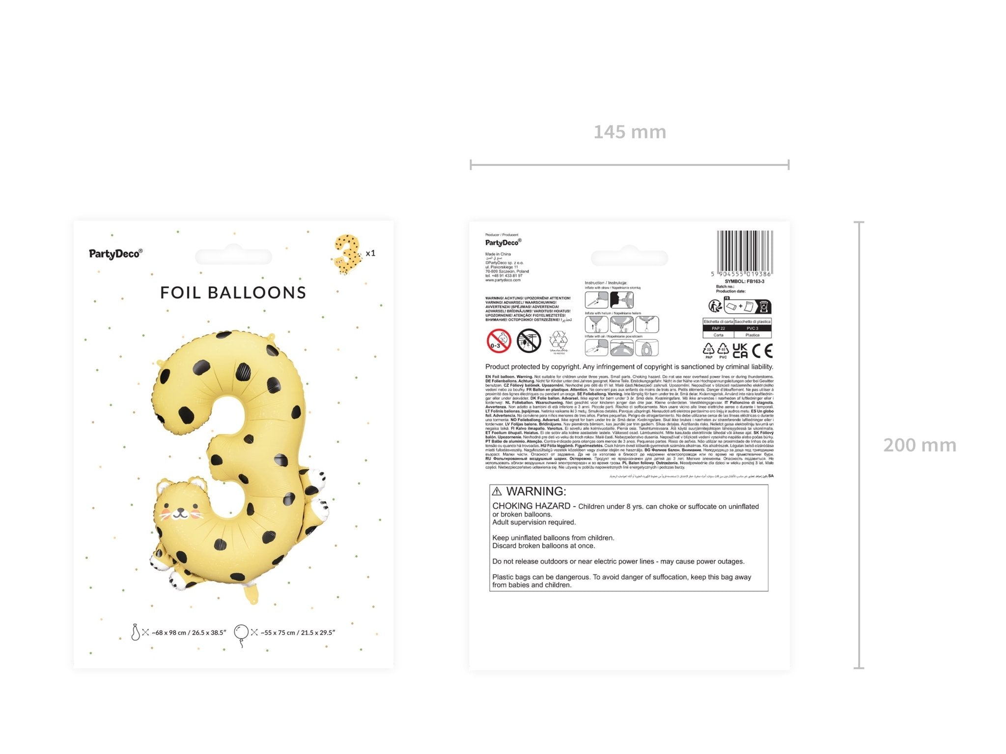 PartyDeco Folinis balionas „Skaičius 3" Gepardas, 56 x 81 cm - Uogų kopos