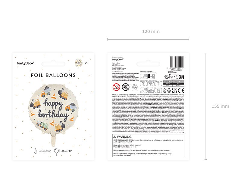 PartyDeco Folinis balionas „Statybinė technika“, 45 cm - Uogų kopos