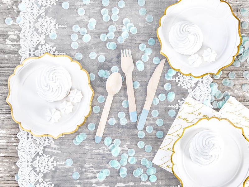 PartyDeco Mediniai stalo įrankiai su mėlynos spalvos raštu, 16 cm, 18 vnt. - Uogų kopos