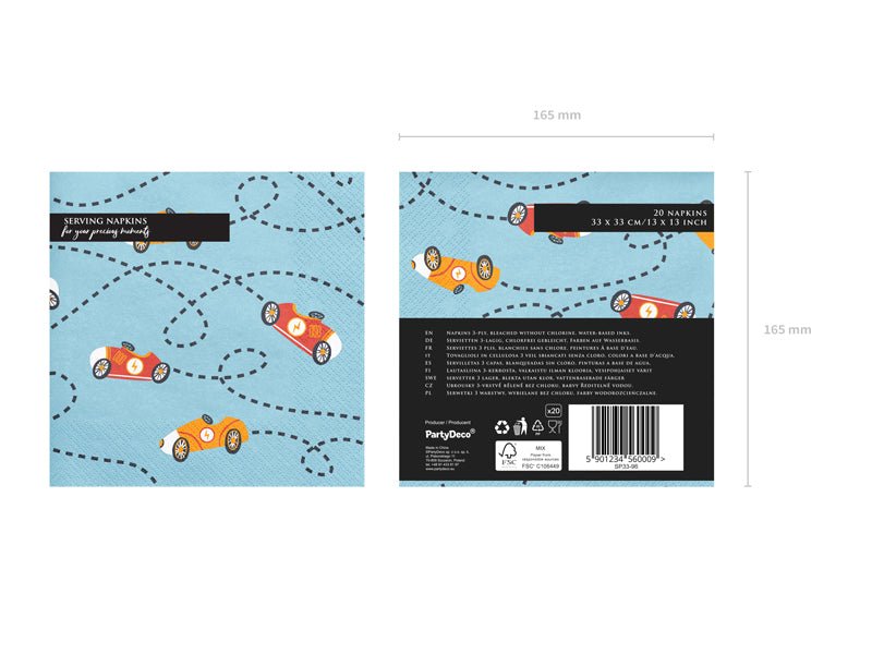 PartyDeco Servetėlės „Automobiliai“, 33 x 33 cm - Uogų kopos