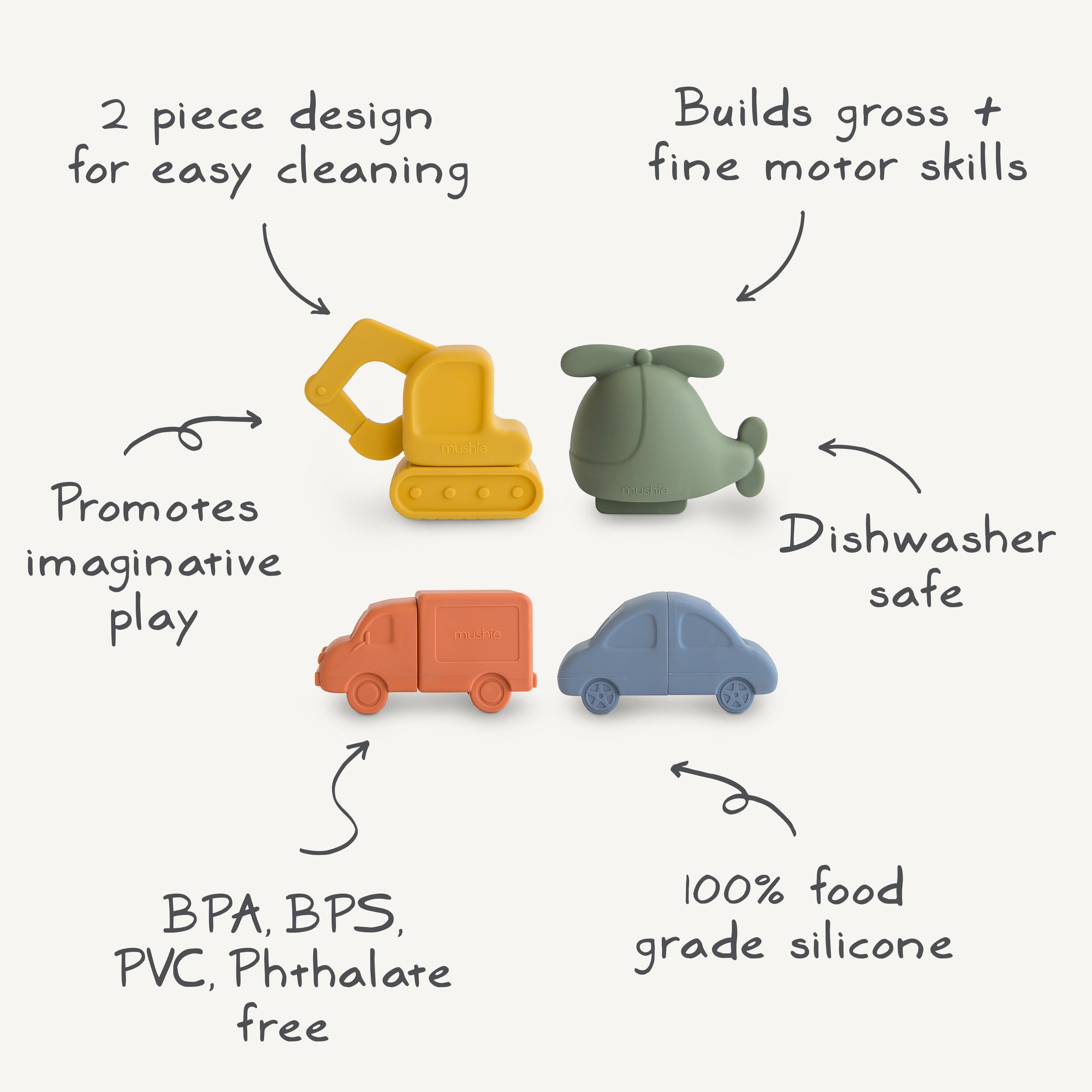 Mushie Silikoninis vonios žaislų rinkinys - Transporto priemonės - Uogų kopos