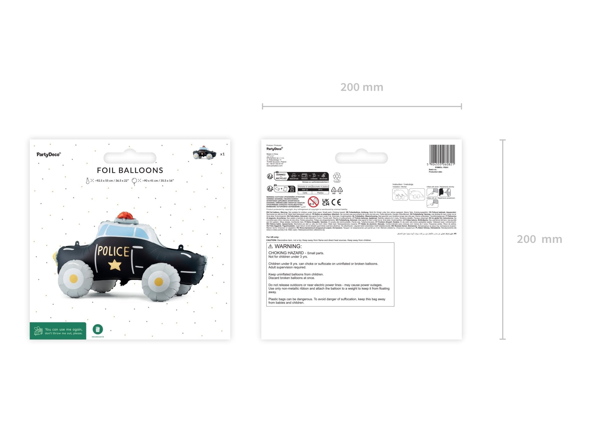 PartyDeco Stovintis folinis balionas „Policijos automobilis“, 90 x 41 cm - Uogų kopos