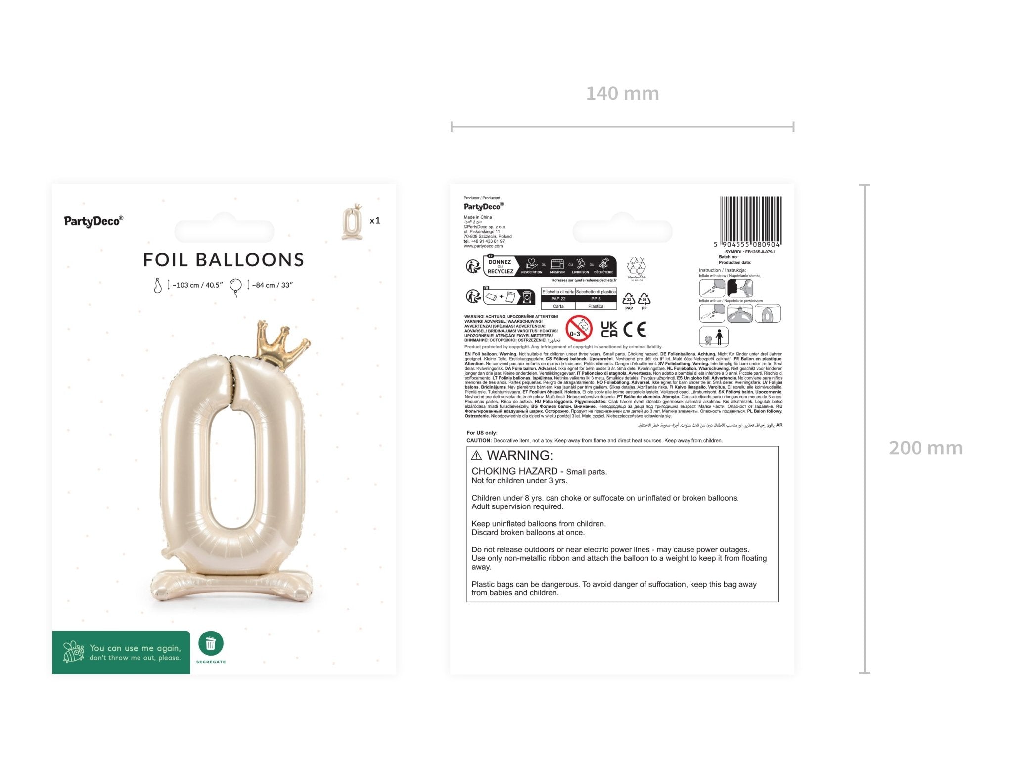 PartyDeco Stovintis folinis balionas „Skaičius 0“, 84 cm - Uogų kopos