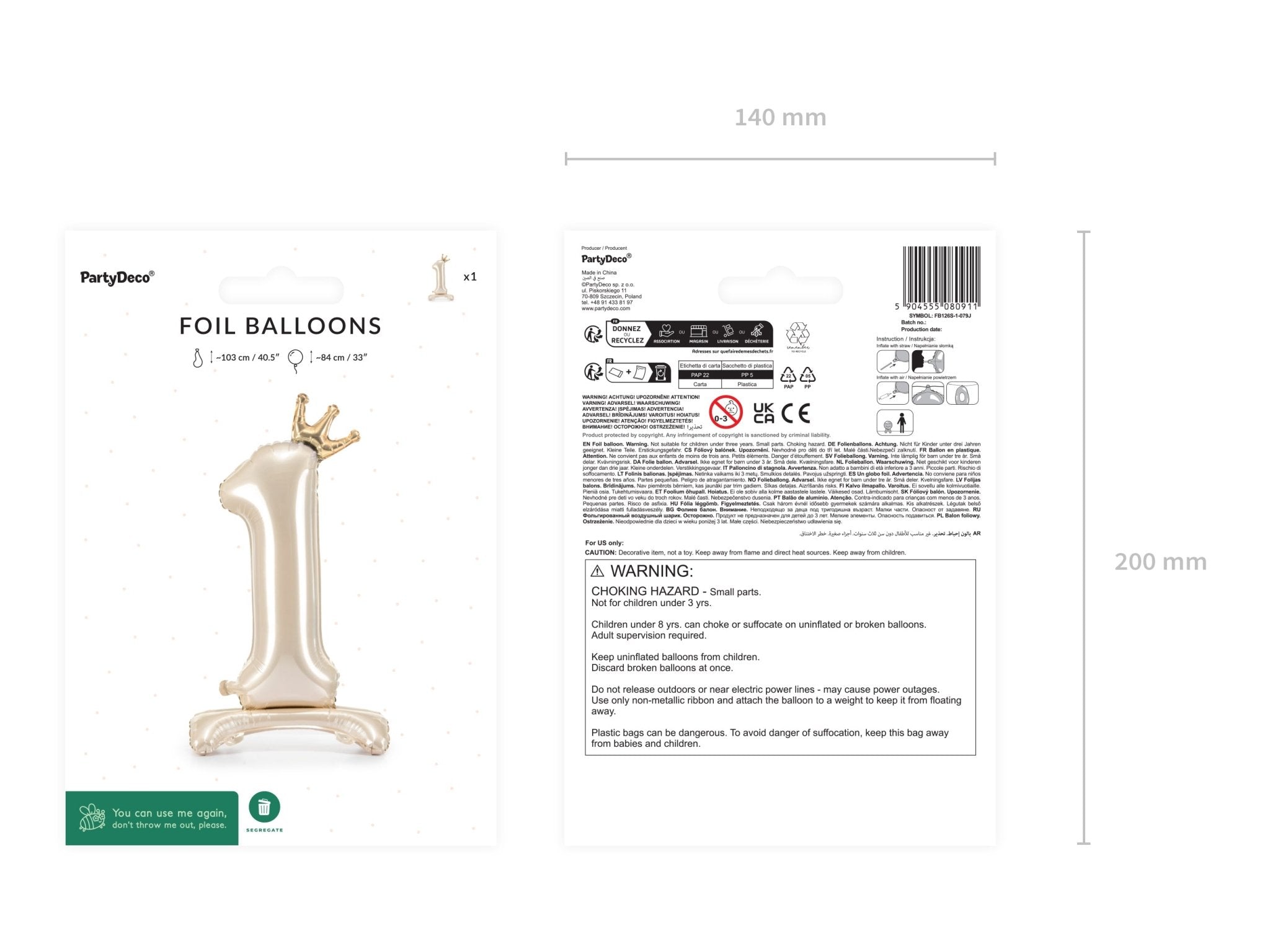 PartyDeco Stovintis folinis balionas „Skaičius 1“, 84 cm - Uogų kopos