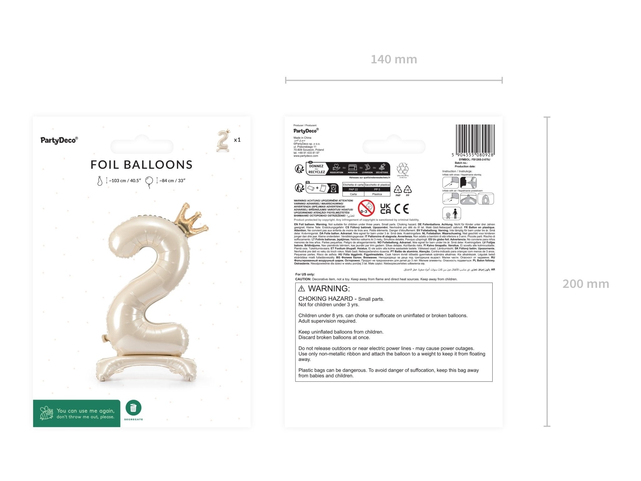 PartyDeco Stovintis folinis balionas „Skaičius 2“, 84 cm - Uogų kopos