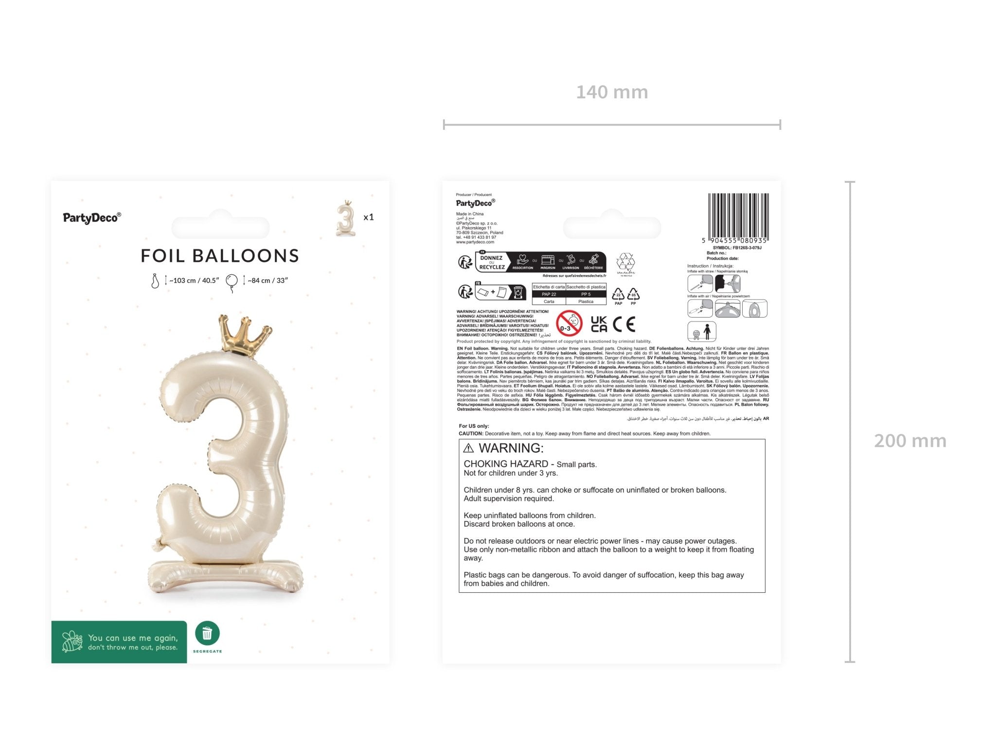 PartyDeco Stovintis folinis balionas „Skaičius 3“, 84 cm - Uogų kopos