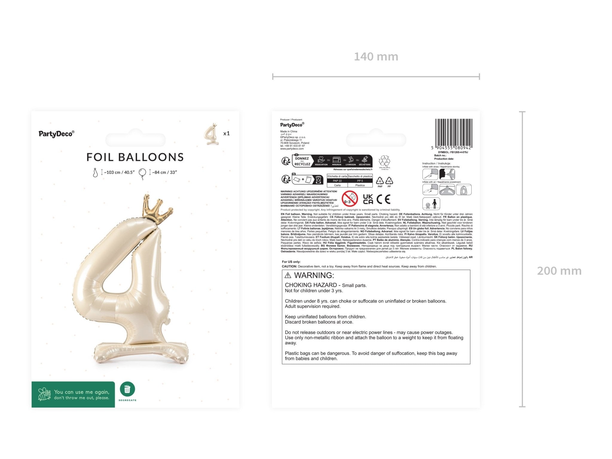 PartyDeco Stovintis folinis balionas „Skaičius 4“, 84 cm - Uogų kopos