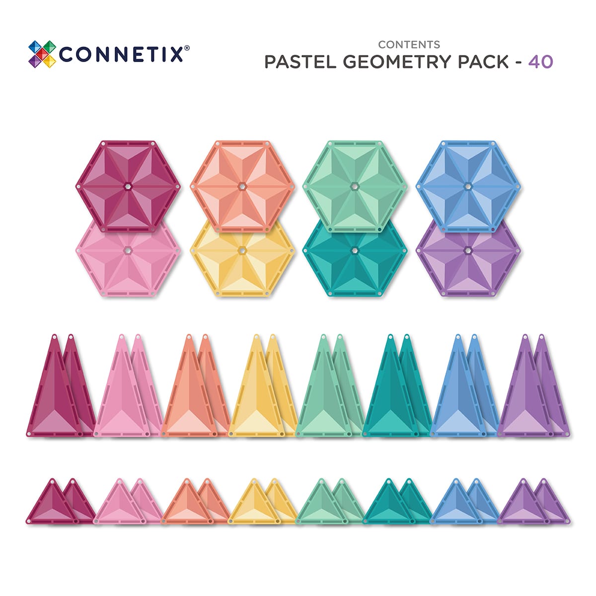 Connetix 40 vnt. Connetix pastelinis „Geometry“ rinkinys - Pastel Geometry Pack - Uogų kopos