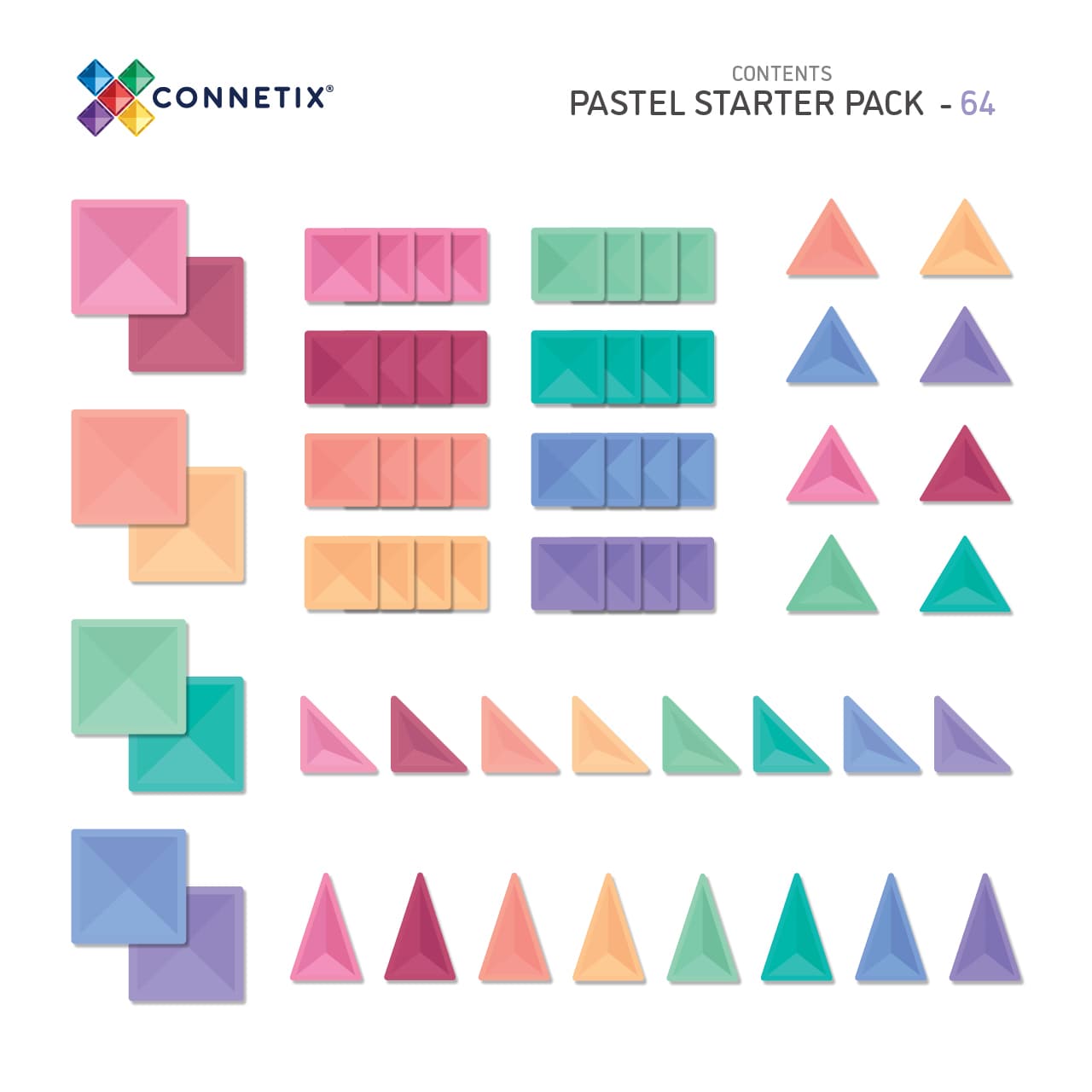 Connetix 64 vnt. Connetix pastelinis "Starter" rinkinys - Pastel Starter Pack - Uogų kopos