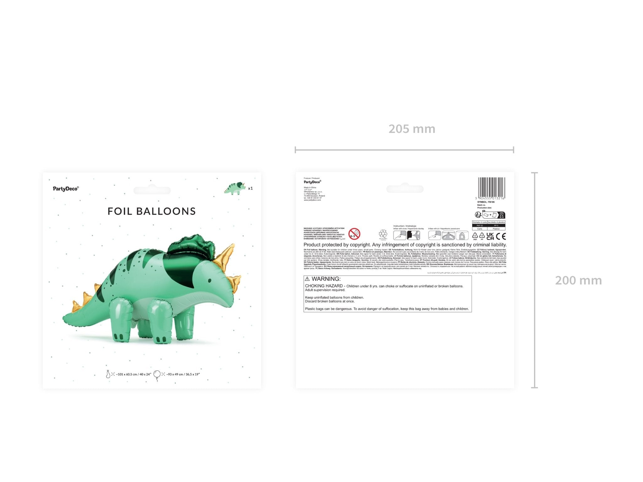 PartyDeco Folinis balionas „Dinozauras“, 101 x 60,5 cm - Uogų kopos