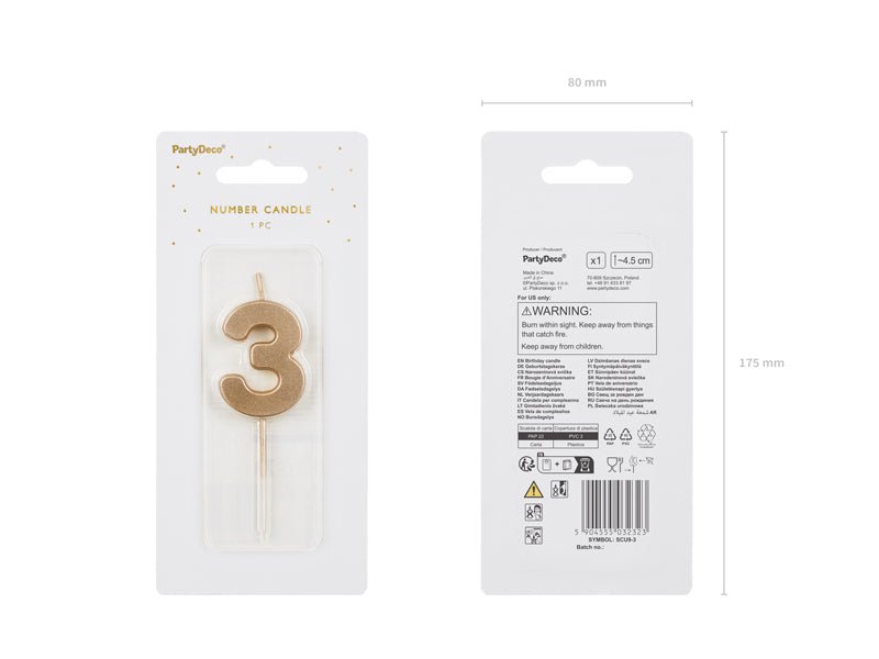 Uogų kopos Gimtadienio žvakutė skaičius 3 - Aukso spalvos, 4.5 cm - Uogų kopos