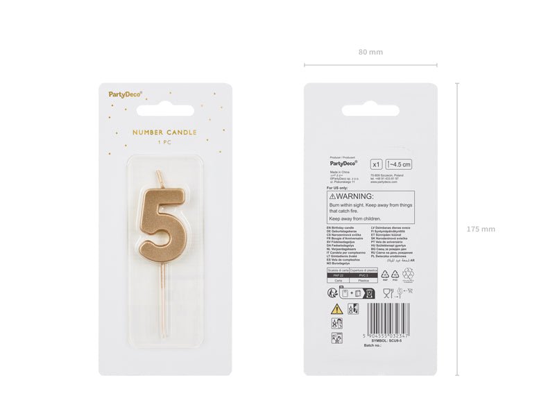 Uogų kopos Gimtadienio žvakutė skaičius 5 - Aukso spalvos, 4.5 cm - Uogų kopos