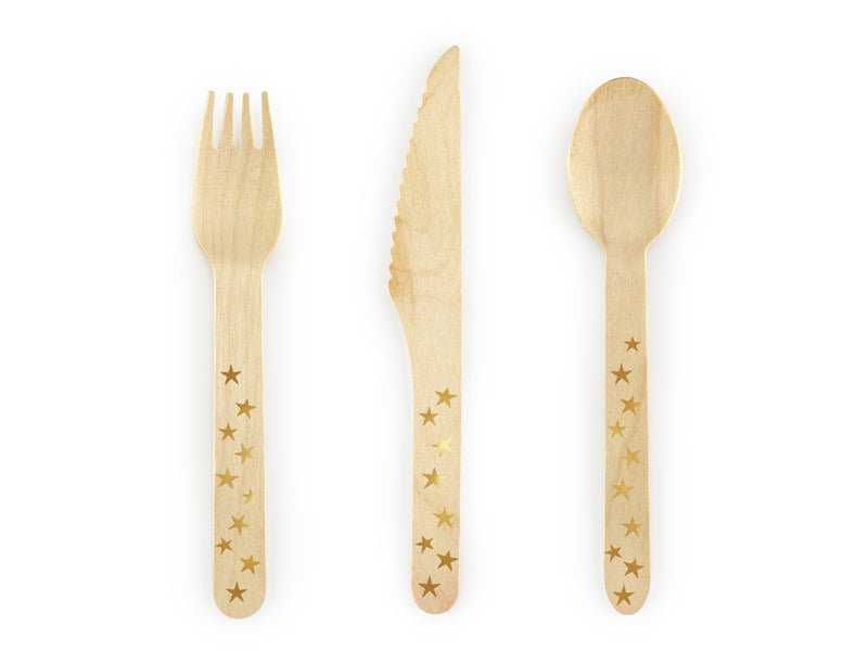 PartyDeco Mediniai stalo įrankiai „Žvaigždės“, 16 cm, 18 vnt. - Uogų kopos