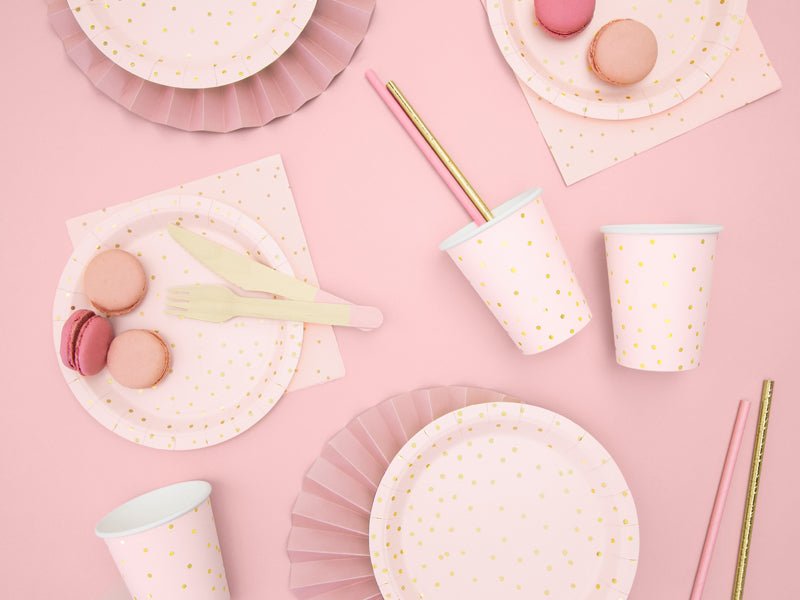 PartyDeco Popierinės lėkštutės „Taškučiai“, 18 cm - Rožinė - Uogų kopos