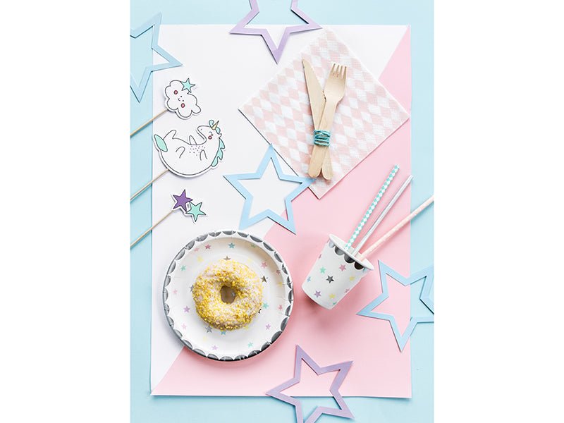 PartyDeco Popierinės lėkštutės „Vienaragis – Žvaigždės“, 18 cm - Uogų kopos
